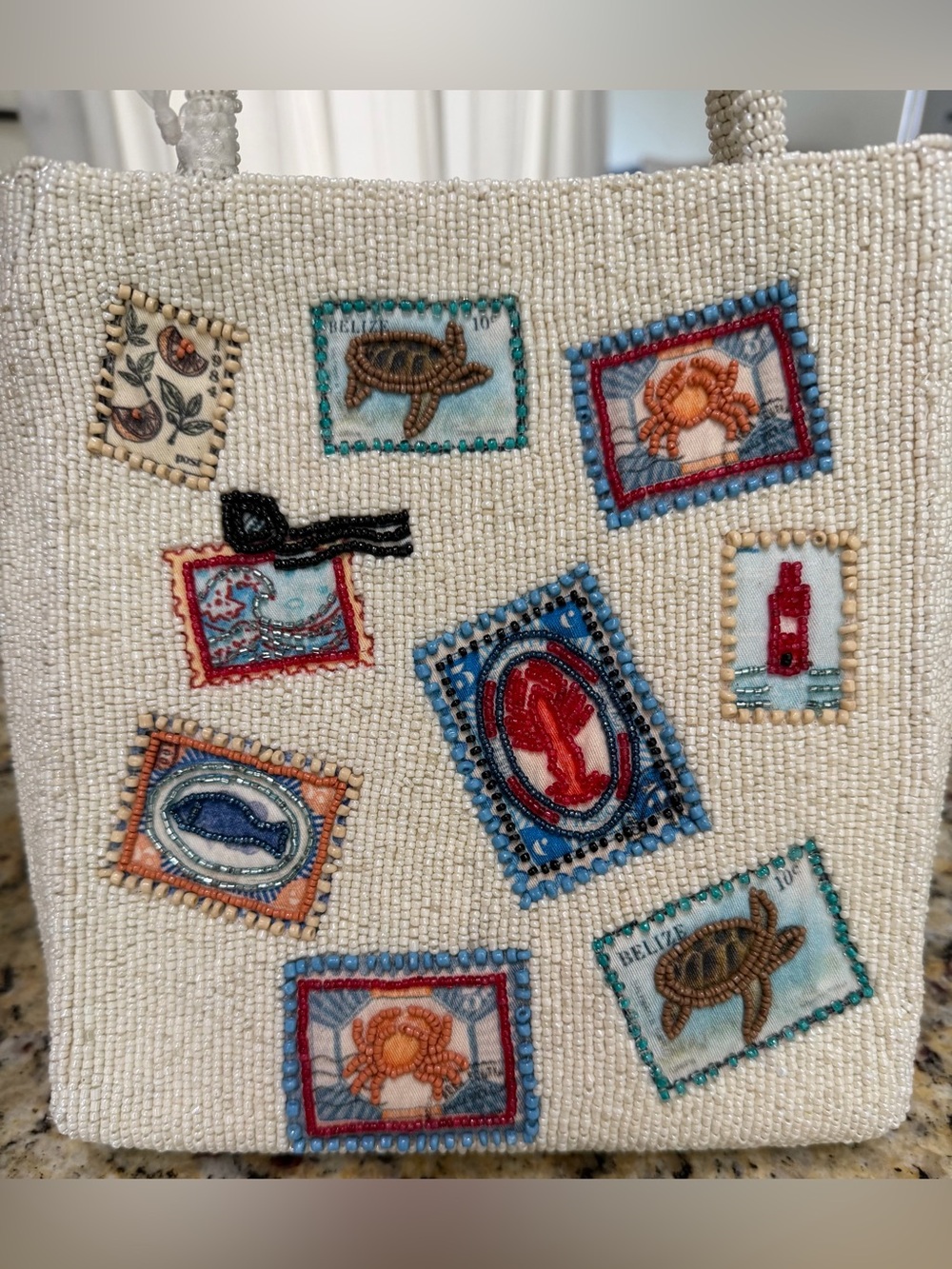 NWT Viral Beaded Coastal Postage Stamp Tote Bag Ocean Lobster Sea Turtle